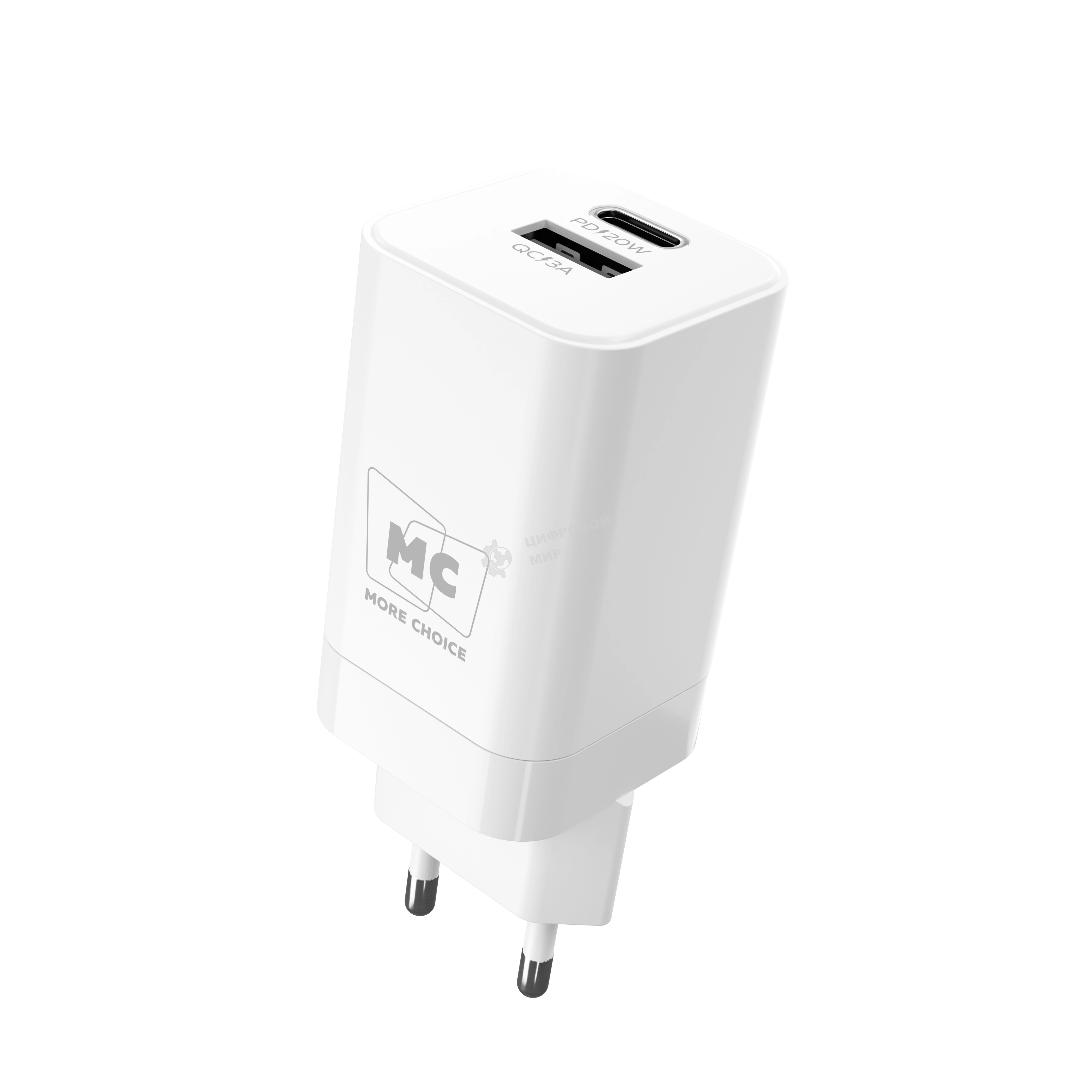 Сетевое зарядное устройство MORE CHOICE NC85i 1USB+1Type-C 3.0A PD 20W+QC3.0 для Lightning 8-pin Type-C, белый