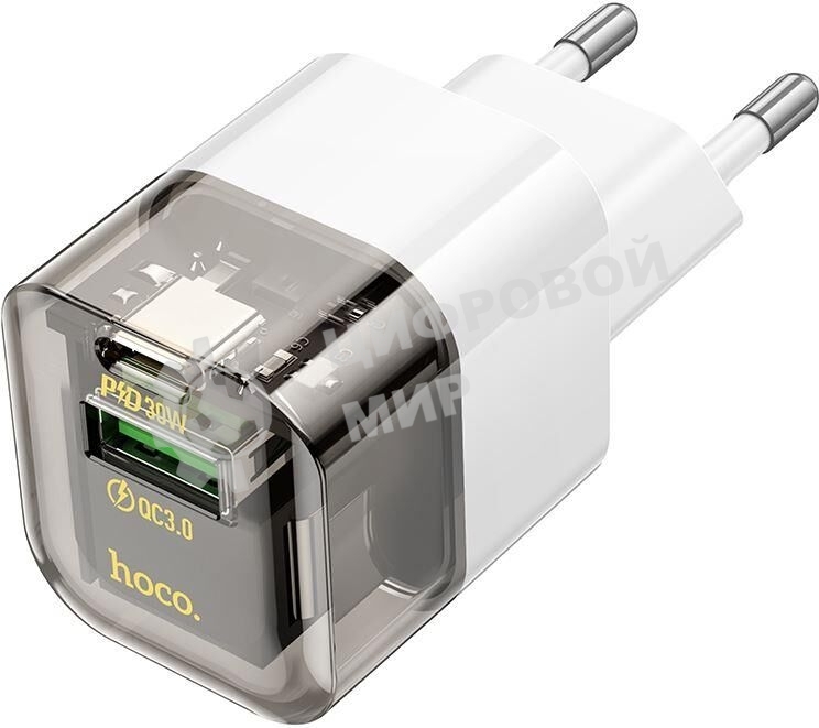 Сетевое зарядное устройство HOCO C131A Platinum 1USB+1Type-C 3.0A QC3.0 PD 30W Transparent черный