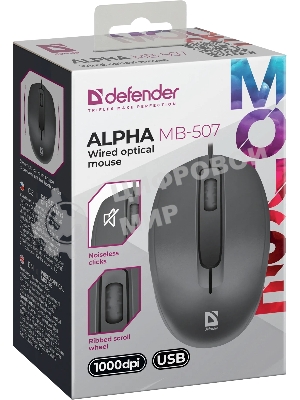 Мышь проводная Defender Alpha MB-507 черный, 1000 dpi, USB, кнопки - 3