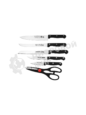 Набор ножей LARA LR05-53 7 предметов: ДЕРЕВЯННАЯ ПОДСТАВКА + 5 ножей + ножницы, нержавеющая сталь 2CR13