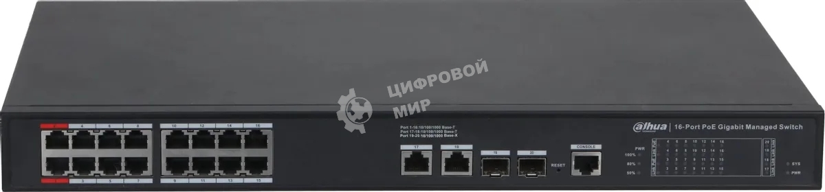 Коммутатор Dahua DH-S4220-16GT-190 (L2) 16x1 Гбит/с 2SFP 16PoE 190W управляемый