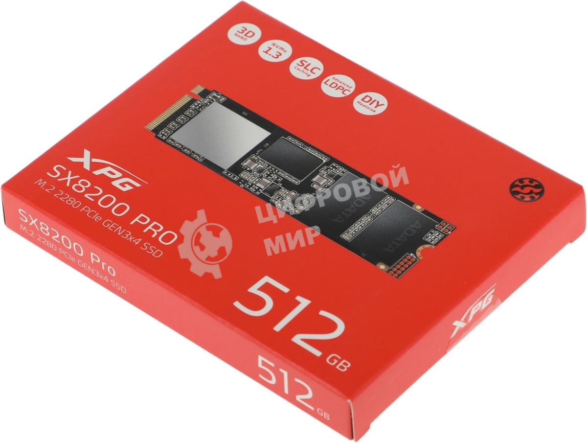 Накопитель SSD XPG SX8200 Pro, 512 Gb, PCIe 3.0 x4, M.2 2280, NVMe, R/W 3350/2350, с радиатором