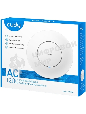 Точка доступа Cudy AC1200 Dual Band Gigabit Ceiling Mount Access Point, MT7621DAN+MT7613B+MT7603E, 867Mbps at 5GHz + 300Mbps at 2.4GHz, 1 x GbE RJ45 Port, Support 12V DC or 802.3af PoE or Passive PoE, Internal Antennas, 48V passive PoE adapter included, Cudy Mesh Support