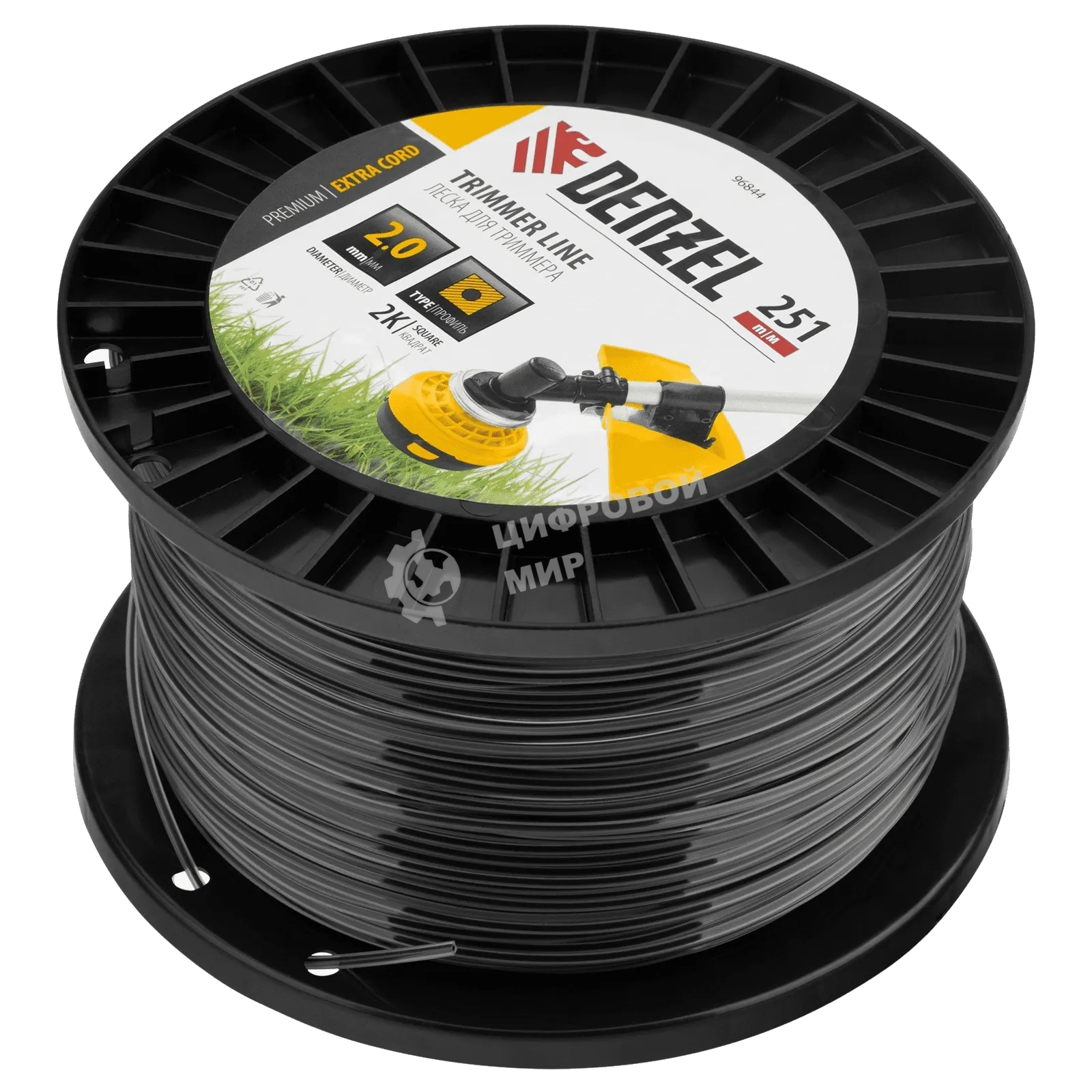 Леска для триммера Denzel двухкомпонентная, квадрат, 2,0 мм х 251 м, на DIN катушке EXTRA CORD