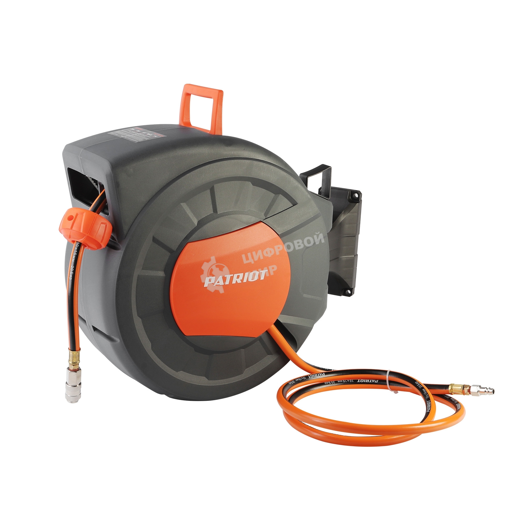Шланг Patriot 520002445 пневматический армированный на автоматической катушке PHC 20/16H (прямой, гибрид , длина 20 м, диаметр 10х16, раб/макс давление  20/60 бар, мин/макс температура -5/45С, быстросъем рапид, резьба 1/4
