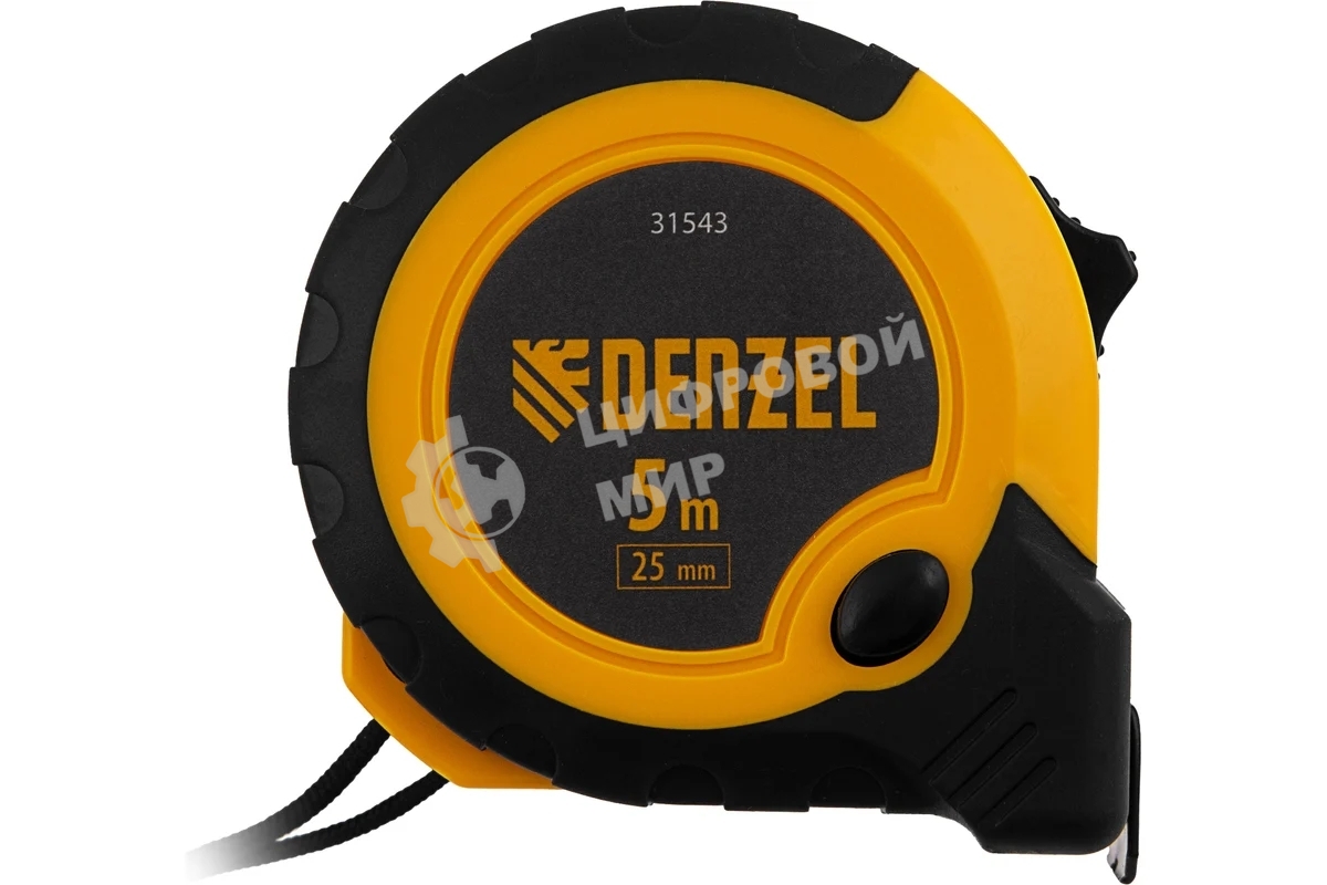 Рулетка Denzel 5м х 25мм, двухкомп. корпус, кнопка-пауза