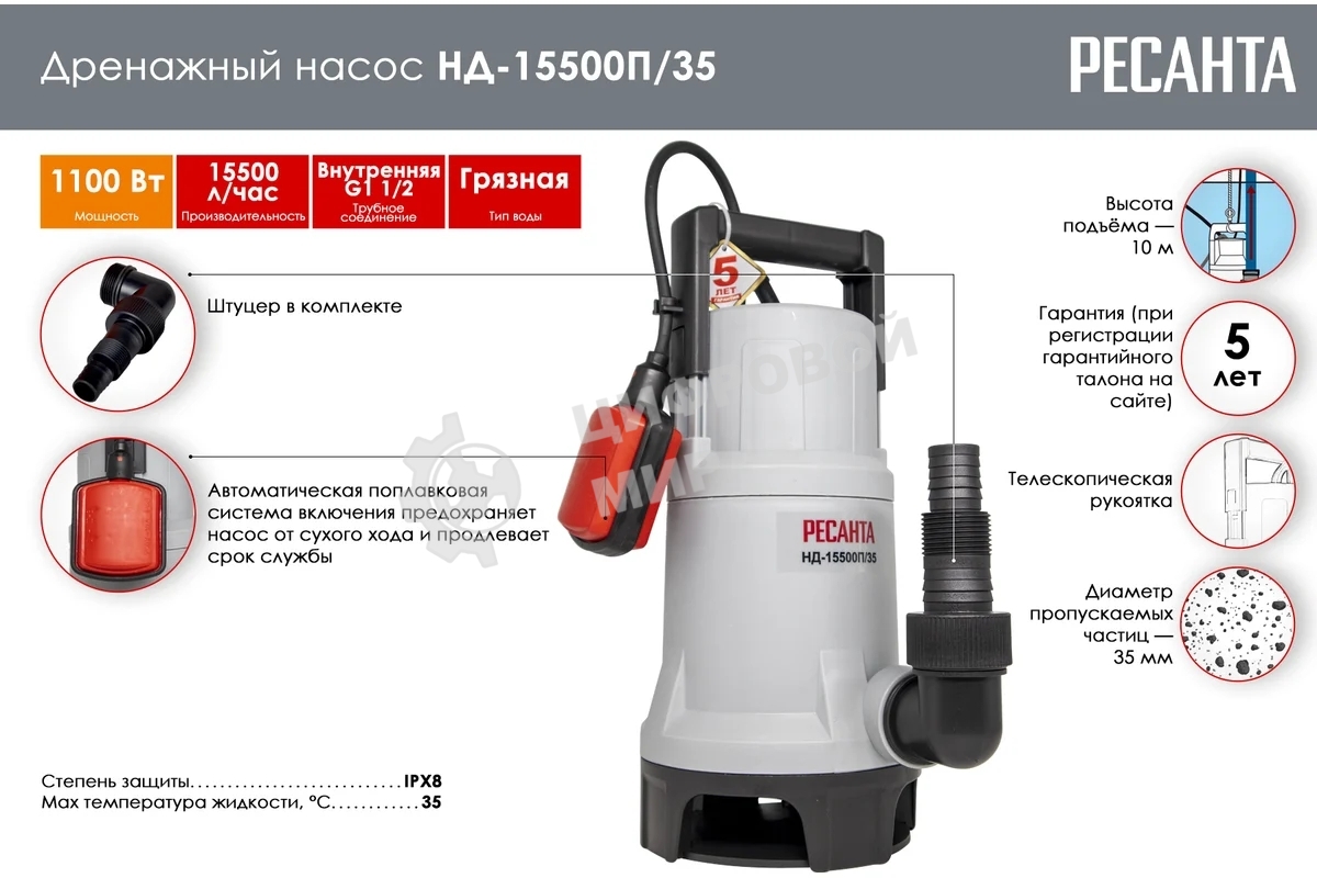Дренажный насос НД-15500П/35 Ресанта