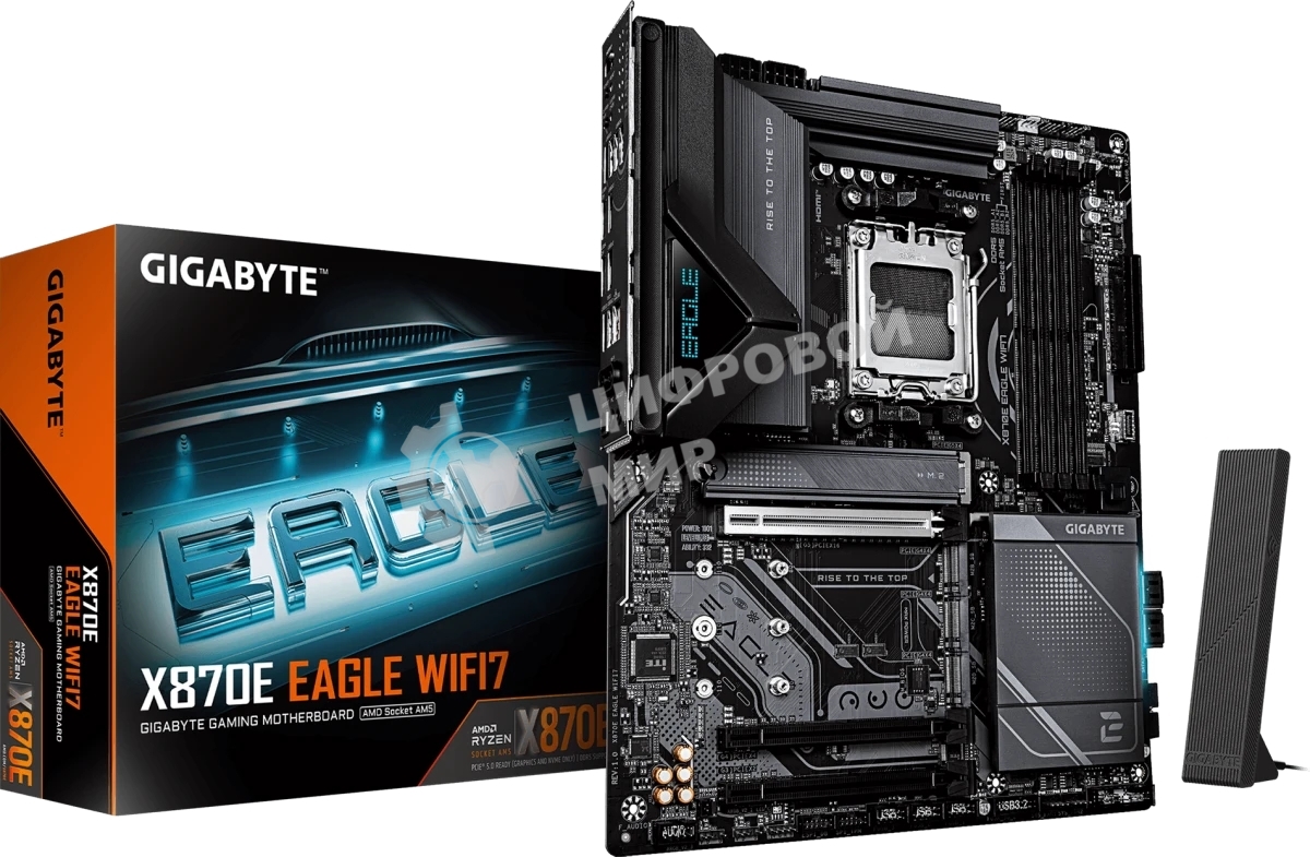 Материнская плата Gigabyte X870E EAGLE X3D WIFI7, AM5, AMD X870E, 4xDDR5, 4xSATA, 4xM.2, 1xPCIe 5.0 x16, 1xPCIe 4.0 x16, 1xPCIe 3.0 x16, 1xHDMI, 1x5Gb LAN, Wi-Fi 7, Bluetooth 5.4, 2xUSB-C 40Gbps (USB4), 1xUSB-C 10Gbps, 4xUSB-A 10Gbps, 4xUSB-A 5Gbps, 3x3.5 мм + S/PDIF оптический, 7.1, чёрный, с подсветкой, ATX