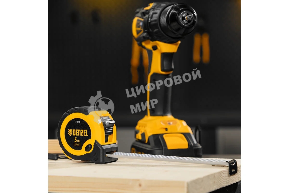 Рулетка Denzel 5м х 25мм, двухкомп. корпус, кнопка-пауза