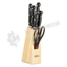 Набор ножей LARA LR05-53 7 предметов: ДЕРЕВЯННАЯ ПОДСТАВКА + 5 ножей + ножницы, нержавеющая сталь 2CR13