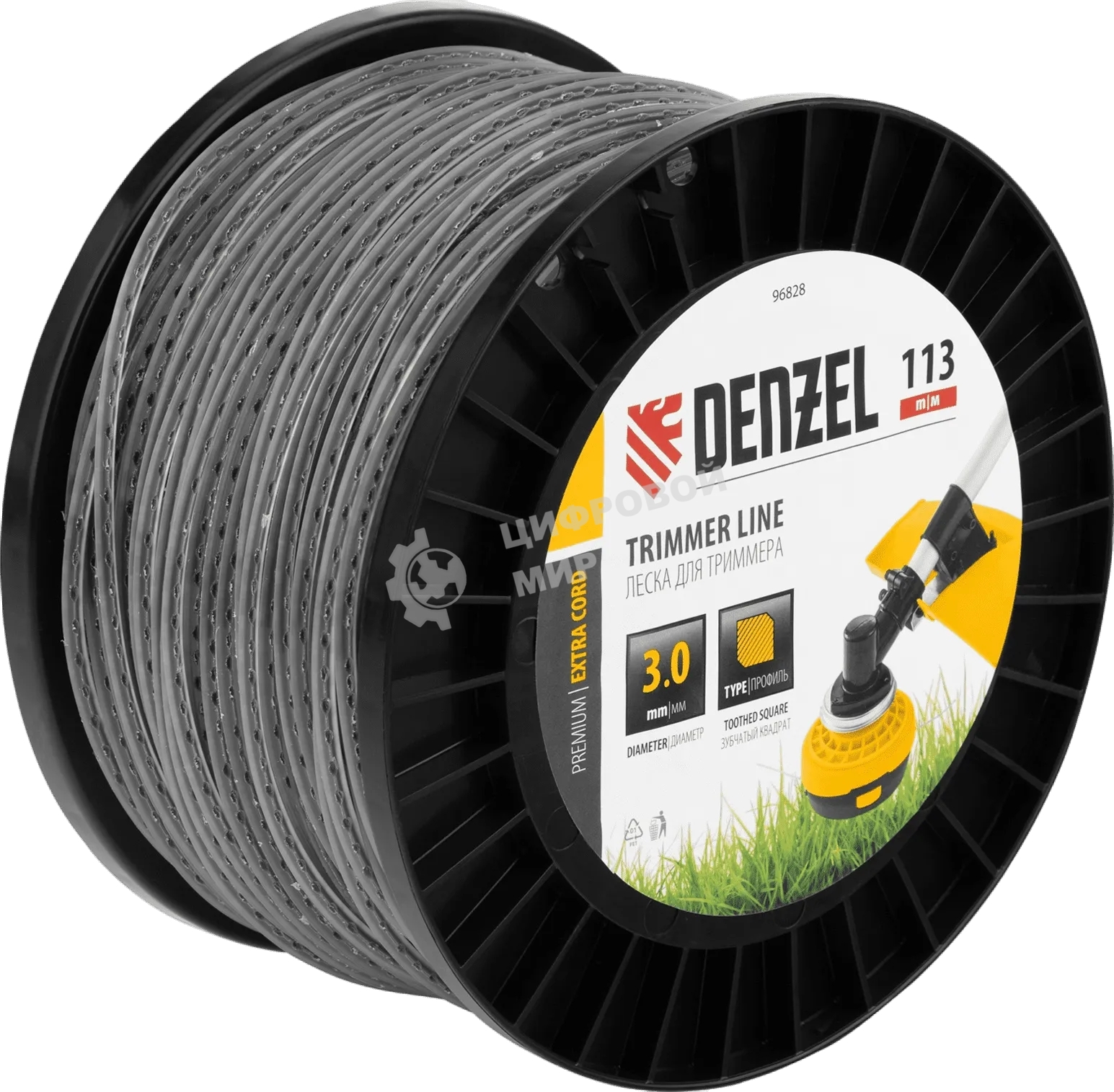 Леска для триммера Denzel двухкомпонентная, зубчатый квадрат, 3,0 мм х 113 м, на DIN кат. EXTRA CORD