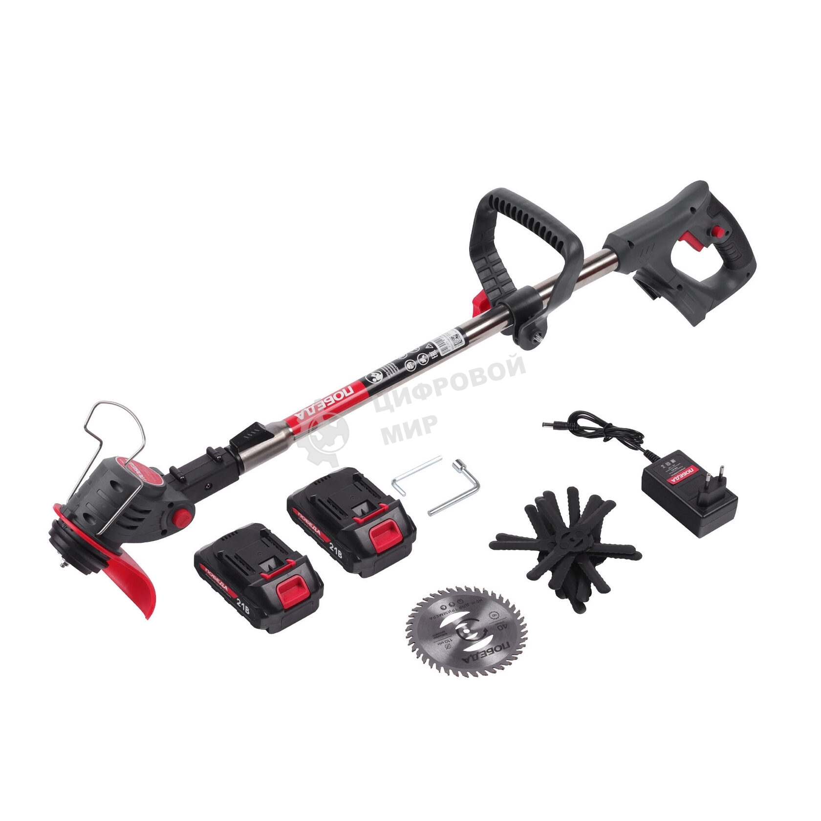 Триммер аккумуляторный Победа ТА 202, 20/21В, с 2 акб 1,5Ач и зу, макс 145мм, пластик. ножи (10шт) + мет. диск 40Т, телескоп