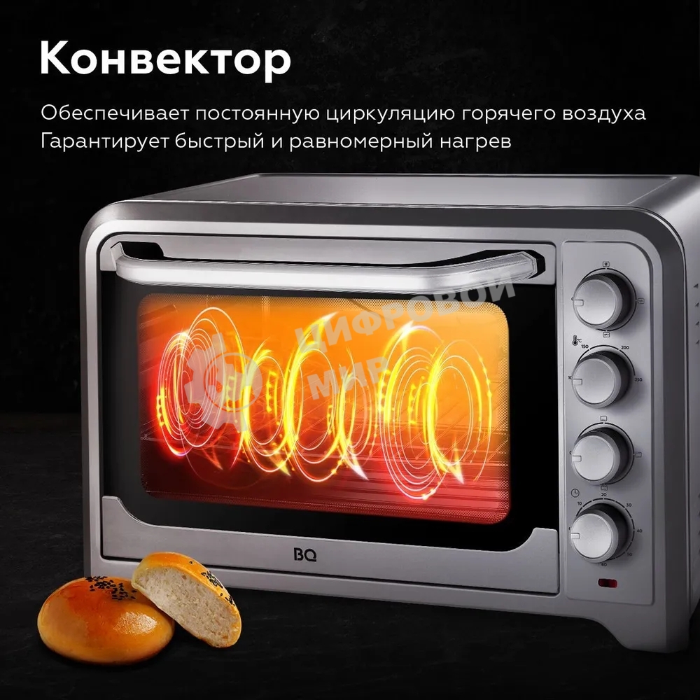 Мини-печь BQ EO1002B Мощность 1600 Вт, Объем 30 л, Конвекция, 5 режимов работы, Таймер до 60 мин черный/стальной