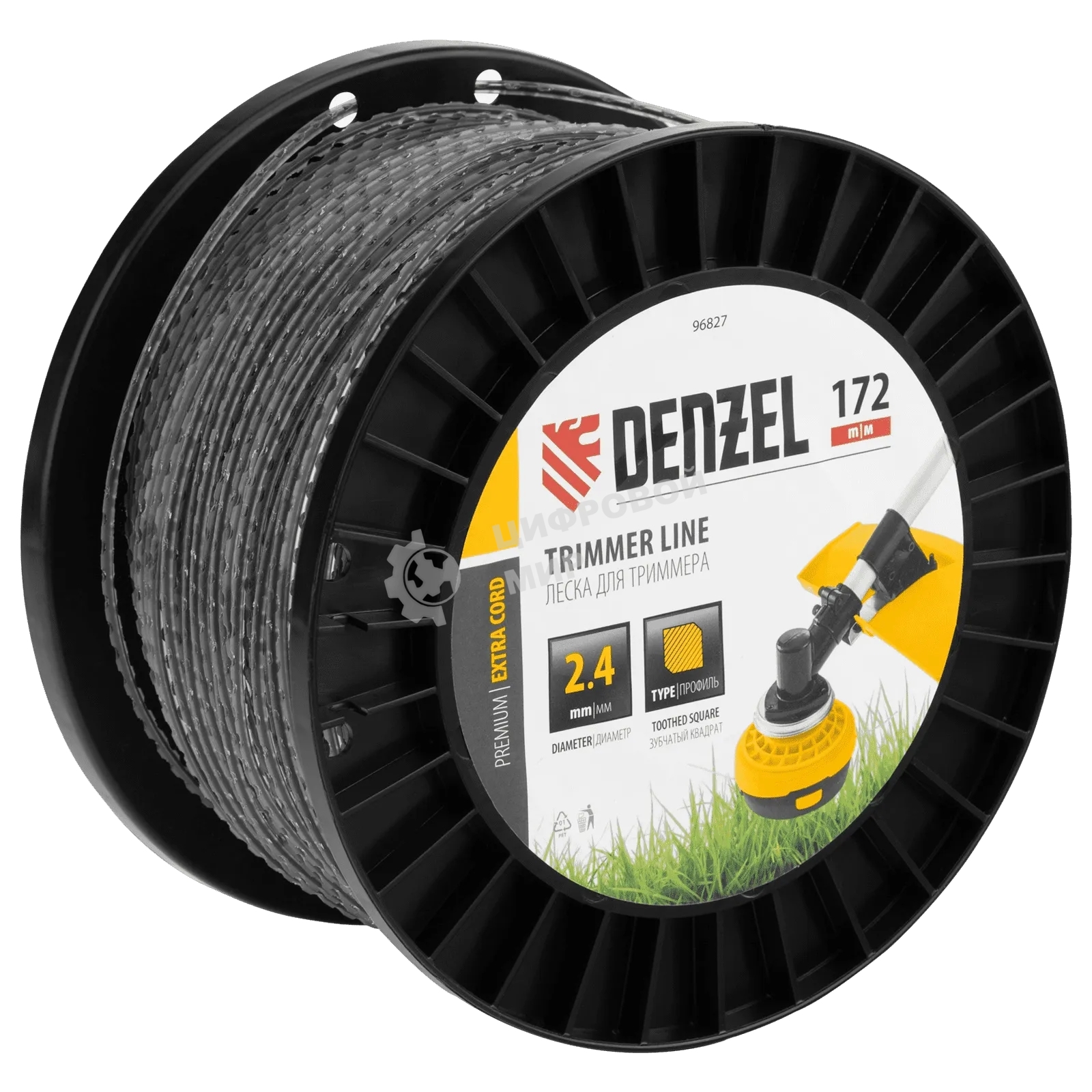 Леска для триммера Denzel двухкомпонентная, зубчатый квадрат, 2,4 мм х 172 м, на DIN кат. EXTRA CORD