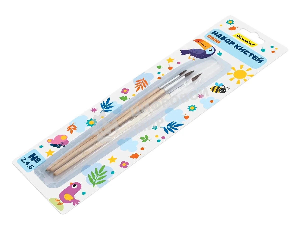 Набор кистей Silwerhof Веселые друзья (набор 3шт) пони круглая №2,4,6, деревянная ручка