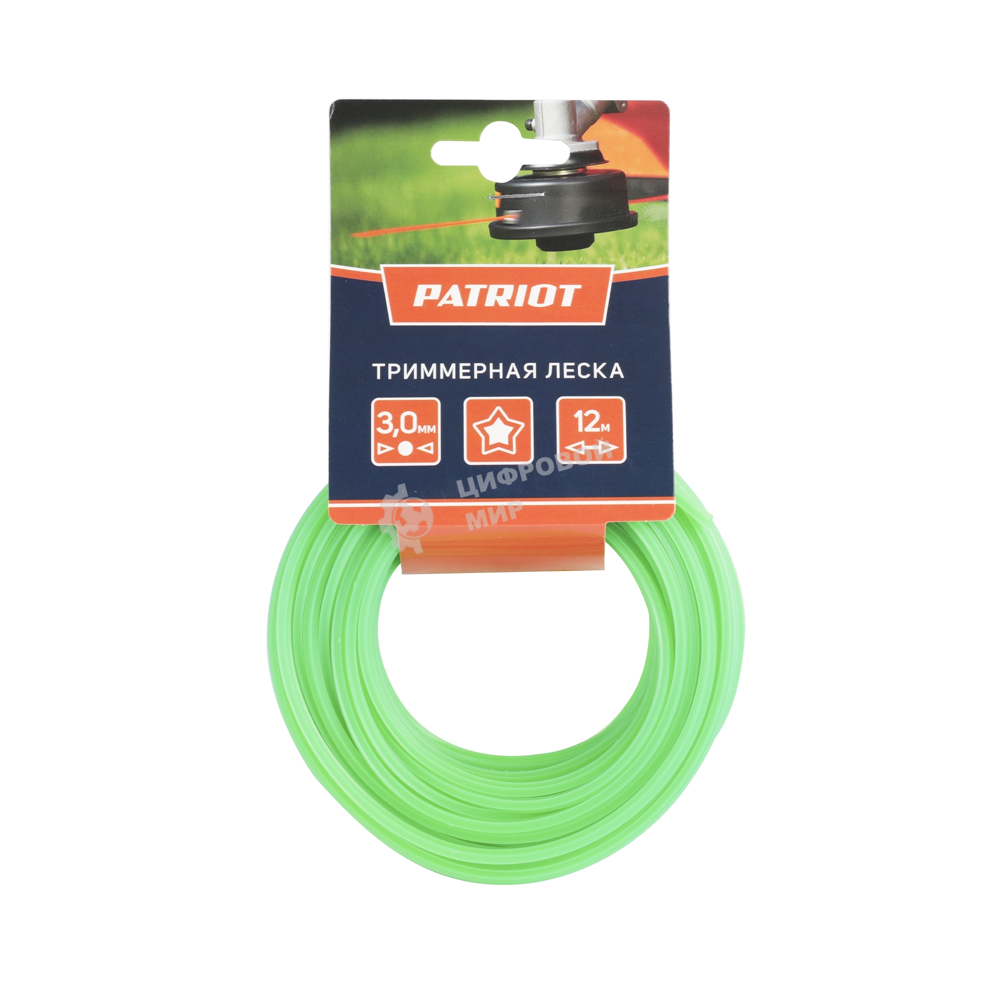 Леска PATRIOT D 3,0 мм L 12 м (звезда, зеленая) 300-12-3, картонный подвес