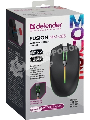 Мышь беспроводная Defender Fusion MM-283 черный, 3200 dpi, радиоканал, Bluetooth, USB, кнопки - 4
