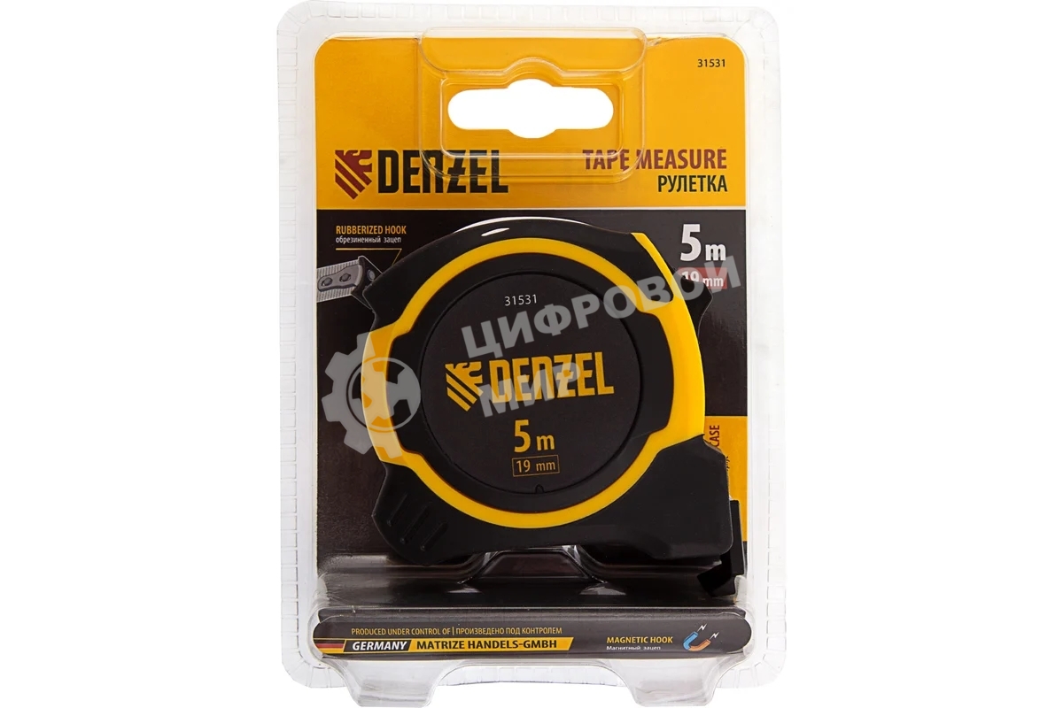Рулетка Denzel 5м х 19мм, двухкомп. корпус, магнитный обрезиненный зацеп