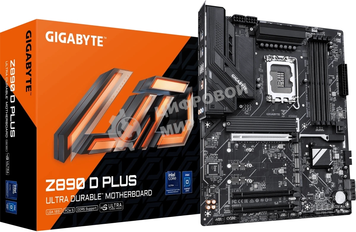 Материнская плата Gigabyte Z890 D PLUS, LGA 1851, Intel Z890, 4xDDR5, 4xSATA, 4xM.2, 1xPCIe 5.0 x16, 2xPCIe 4.0 x16, 1xDP, 1x2.5Gb LAN, 1xUSB-C 10Gbps, 1xUSB-A 10Gbps, 4xUSB-A 5Gbps, 4xUSB-A 2.0, 3x3.5 мм, 7.1, чёрный, ATX