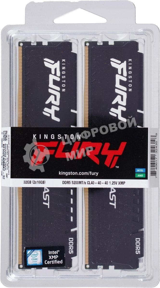 Оперативная память Kingston Fury Beast, DDR5, 32GB (2x16GB), 5200MHz, CL40, DIMM, радиатор, черный