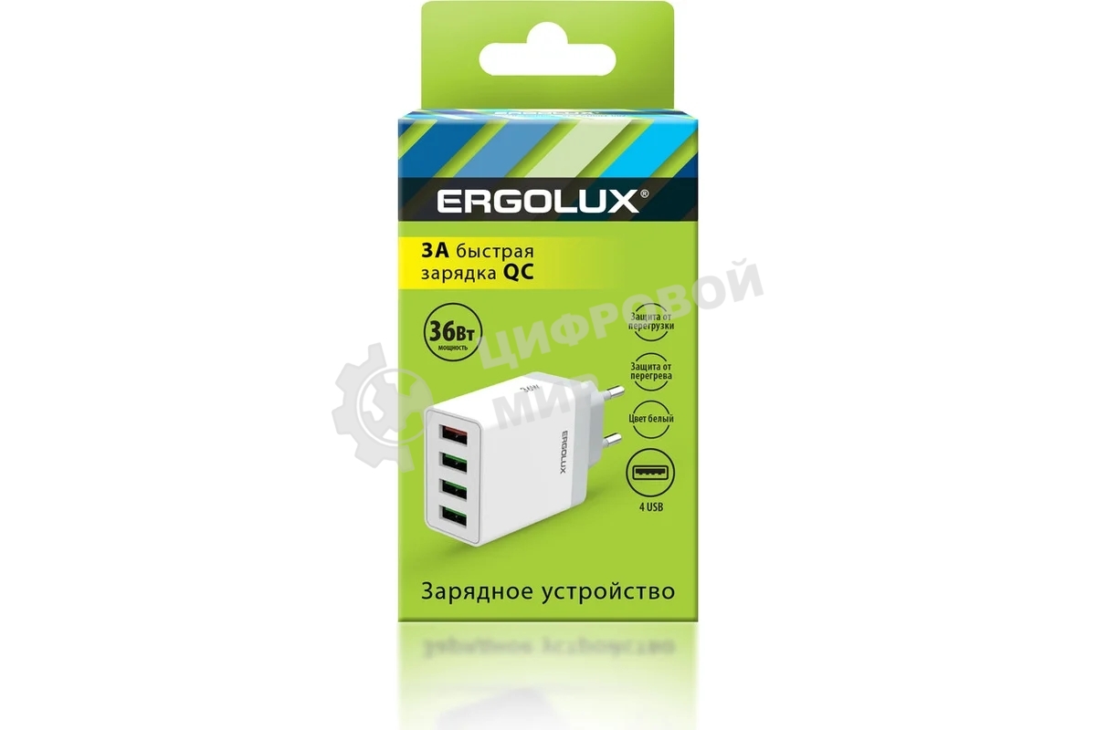 Сетевое зарядное устройство ELX-РA02QC-C01 36Вт 4USB 100-220В 5-9В/3А 1QC+3/3А коробка бел. Ergolux 15292
