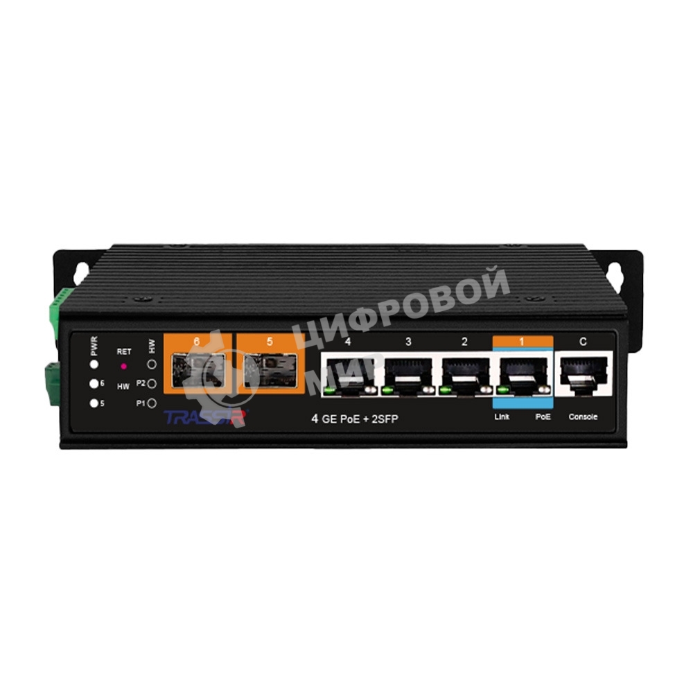Коммутатор TRASSIR TR-NS27062S-250-4POE, 4×1 Гбит/с PoE++ + 2×1 Гбит/с SFP Uplink, управляемый