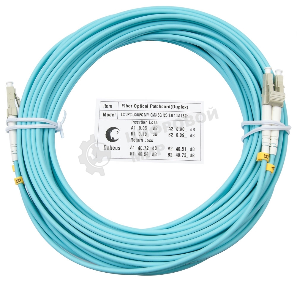 Патч-корд оптический Cabeus Tight Buffer FOP-50-LC-LC-15m Duplex LC/LC, OM3 50/125, LSZH, 15м, Ø 3мм, серый хвостовик, аква