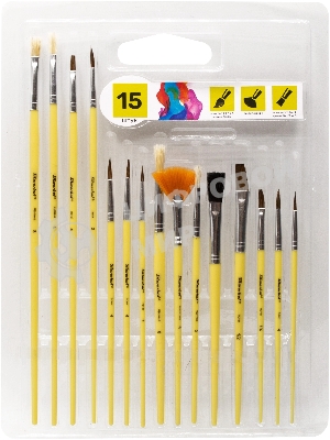 Набор кистей Silwerhof Color (набор 15шт) пони круглая №1,2,3,4,5/плоская №1/2, 1/4, 4/круглая №3,5/плоская №1/2, 4, 8/синтетика веерная №4