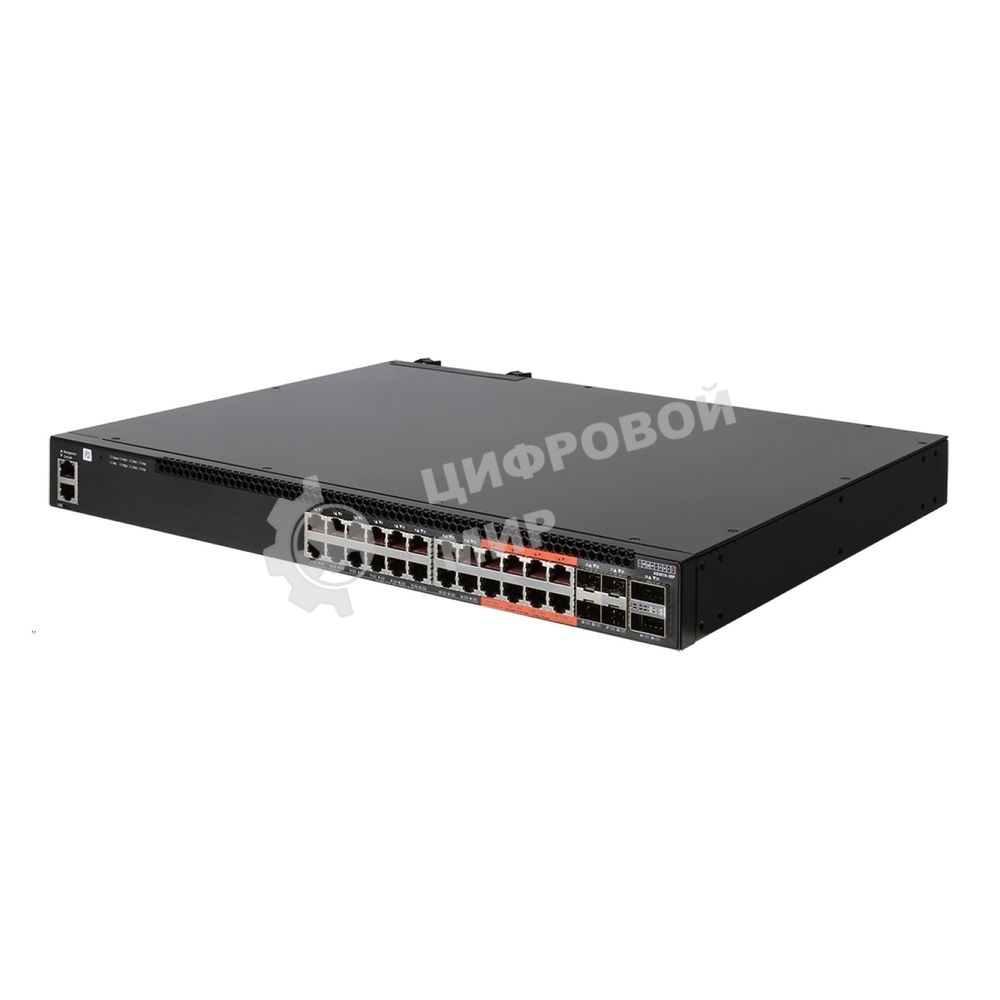 Коммутатор 4610-30P-O-AC-F Edge-corE AS4610-30P, 24-Port GE RJ45 port PoE+, last 8 ports Ultra-PoE, 960W PoE Bugdet, 4x10G SFP+, 2 port 20G QSFP+ for stacking, Broadcom Helix 4, Dual-core ARM Cortex A9 1GHz, dual 110-230VAC 600W hot-swappable PSUs, one fi