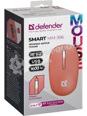 Мышь беспроводная Defender Smart MM-396 красный, 1600 dpi, радиоканал, Bluetooth, USB, кнопки - 3