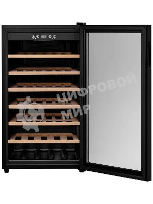 Винный шкаф Kuppersberg RSW 82, отдельностоящий, High-Tech, объем 128 л, вместимость 40 бутылок, диапазон температуры 5-20 градусов, механическое открытие двери, 6 полок из бука, LCD дисплей, уровень шума 38 дБ, черный
