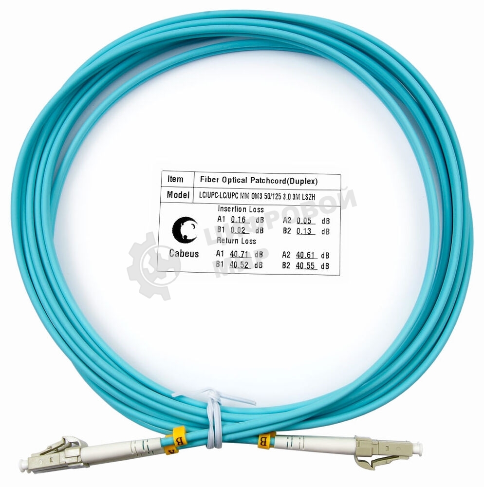 Патч-корд оптический Cabeus Tight Buffer FOP-50-LC-LC-3m Duplex LC/LC, OM3 50/125, LSZH, 3м, Ø 3мм, серый хвостовик, аква