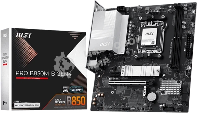Материнская плата MSI PRO B850M-B GEN4, AM5, AMD B850, 2xDDR5 (до 128 ГБ), 4xSATA, 2xM.2 (1xPCIe 5.0, 1xPCIe 4.0), 1xPCIe 4.0 x16, 1xPCIe x1, 1xHDMI, 1xDP, 1x2.5Gb LAN, 1xUSB-C 5Gbps, 3xUSB-A 5Gbps, 2xUSB-A 2.0, 3x3.5 мм, 7.1, чёрный/серебристый, mATX