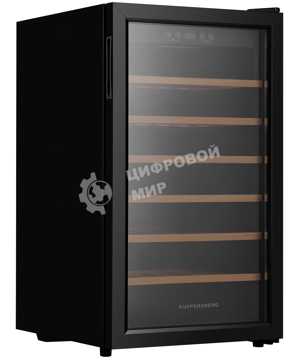 Винный шкаф Kuppersberg RSW 82, отдельностоящий, High-Tech, объем 128 л, вместимость 40 бутылок, диапазон температуры 5-20 градусов, механическое открытие двери, 6 полок из бука, LCD дисплей, уровень шума 38 дБ, черный