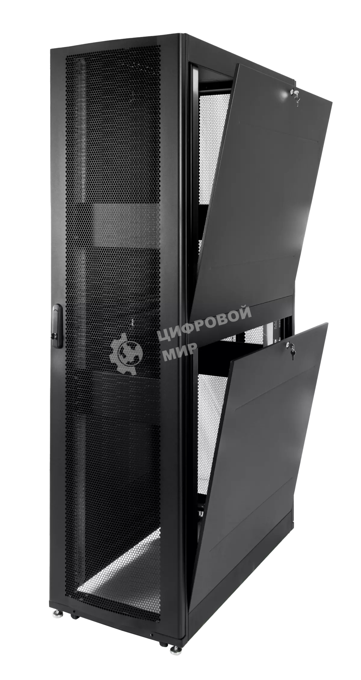 Шкаф серверный ПРОФ напольный 42U (600x1200) дверь перфорированная 2 шт., черный, в сборе, ШТК-СП-42.6.12-44АА-9005