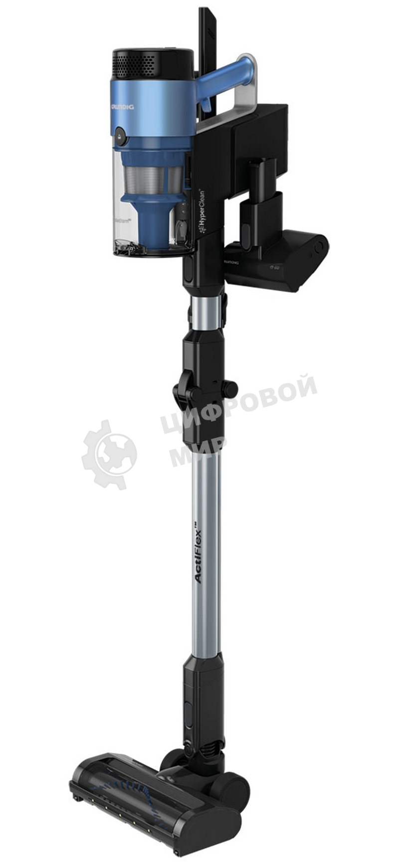 Пылесос вертикальный Grundig VCP 8330 черный/синий, питание от аккумулятора, 150 Вт, уборка сухая, пылесборник 0.7 л