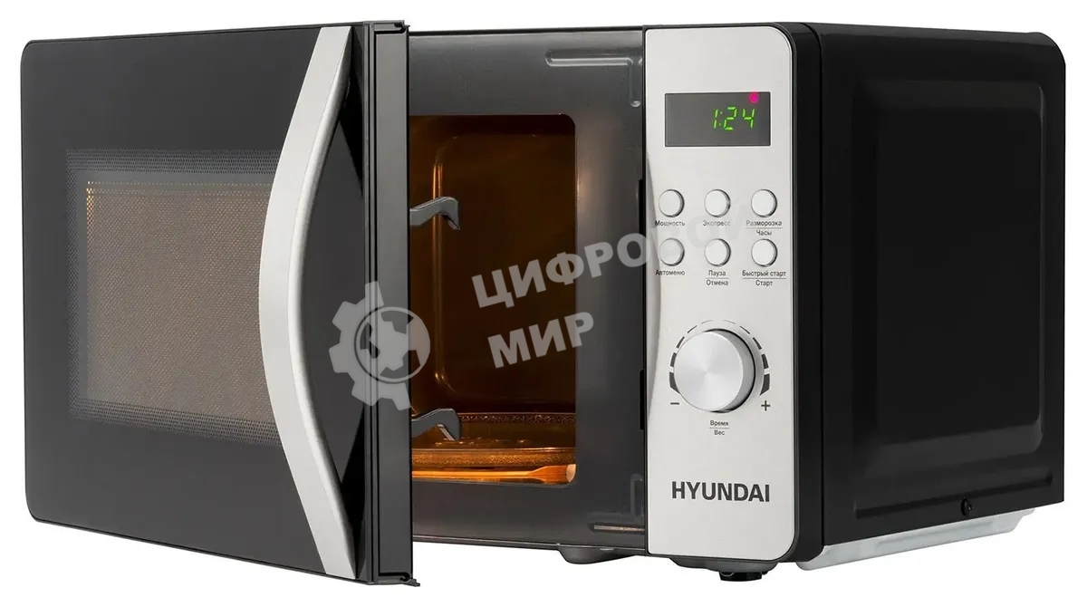 Микроволновая печь Hyundai HYM-D2074 черный/серебристый, 20 л, 700 Вт, переключатели - кнопки, поворотный механизм