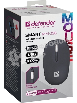 Мышь беспроводная Defender Smart MM-396 черный, 1600 dpi, радиоканал, Bluetooth, USB, кнопки - 3