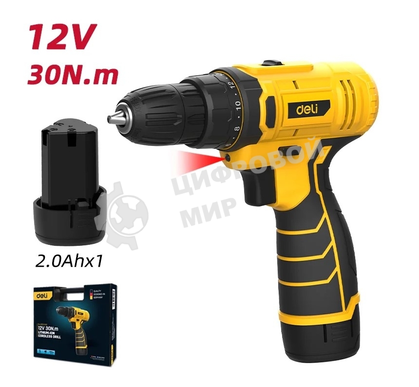 Дрель-шуруповерт аккумуляторная Deli DL-DZ12-5A2, 12В, 1 АКБ, Кейс