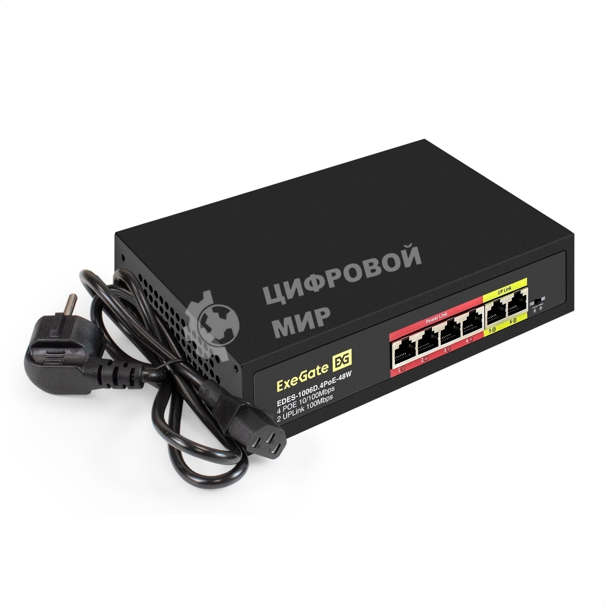 Коммутатор ExeGate EDES-1006D.4PoE-48W, 4×100 Мбит/с PoE + 2×100 Мбит/с, неуправляемый