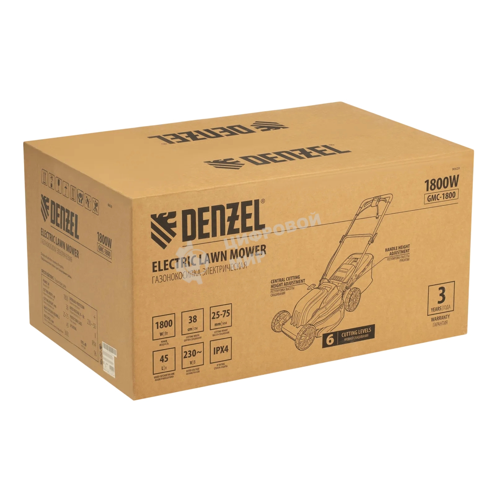 Газонокосилка электрическая Denzel GMC-1800, шир. 38см, 1800 Вт, 6 уров., травосб. 35 л