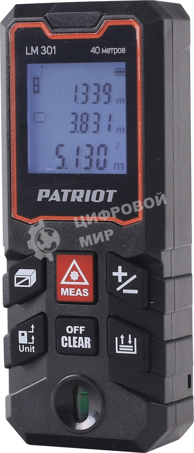 Дальномер лазерный PATRIOT LM 301, макс. дистанция 40 метров, измерение площади, объема, подсветка, память 30 изм.