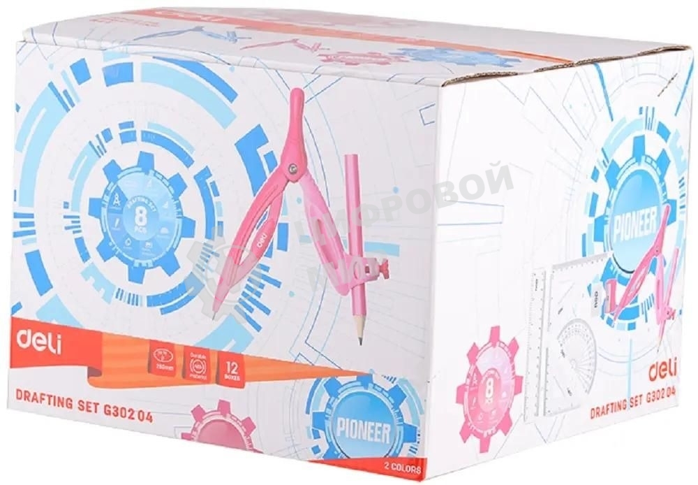 Циркуль Deli EG30204, корпус ассорти, пластик, в комплекте: линейка/транспортир/2 угольника/карандаш/ластик/точилка