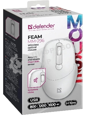 Мышь беспроводная Defender Feam MM-296 белый, 1600 dpi, радиоканал, USB, кнопки - 4