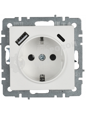 Розетка 1-местная IEK BRITE РЮш11-1-БрБ (BR-R14-16-U22-018-K01) с заземлением, с защитными шторками, 16А, с USB A+C 18 Вт, белый