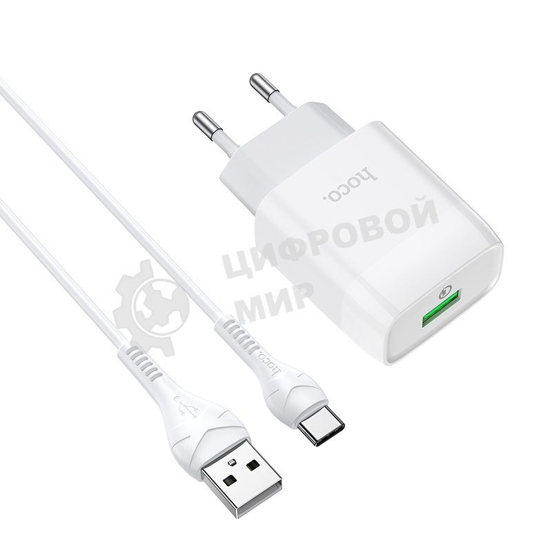 Зарядное устройство Hoco 18Вт, 3А, QC3.0, 1xUSB + кабель USB/Type-C, C72Q, белый, блистер