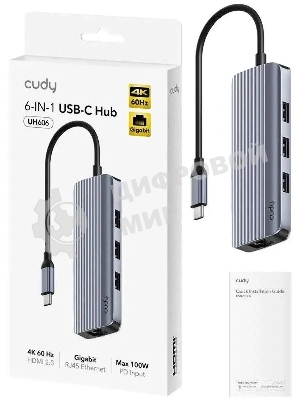 USB-концентратор CUDY UH606, USB Type-C, HDMI + RJ-45 + USB, USB Type-C