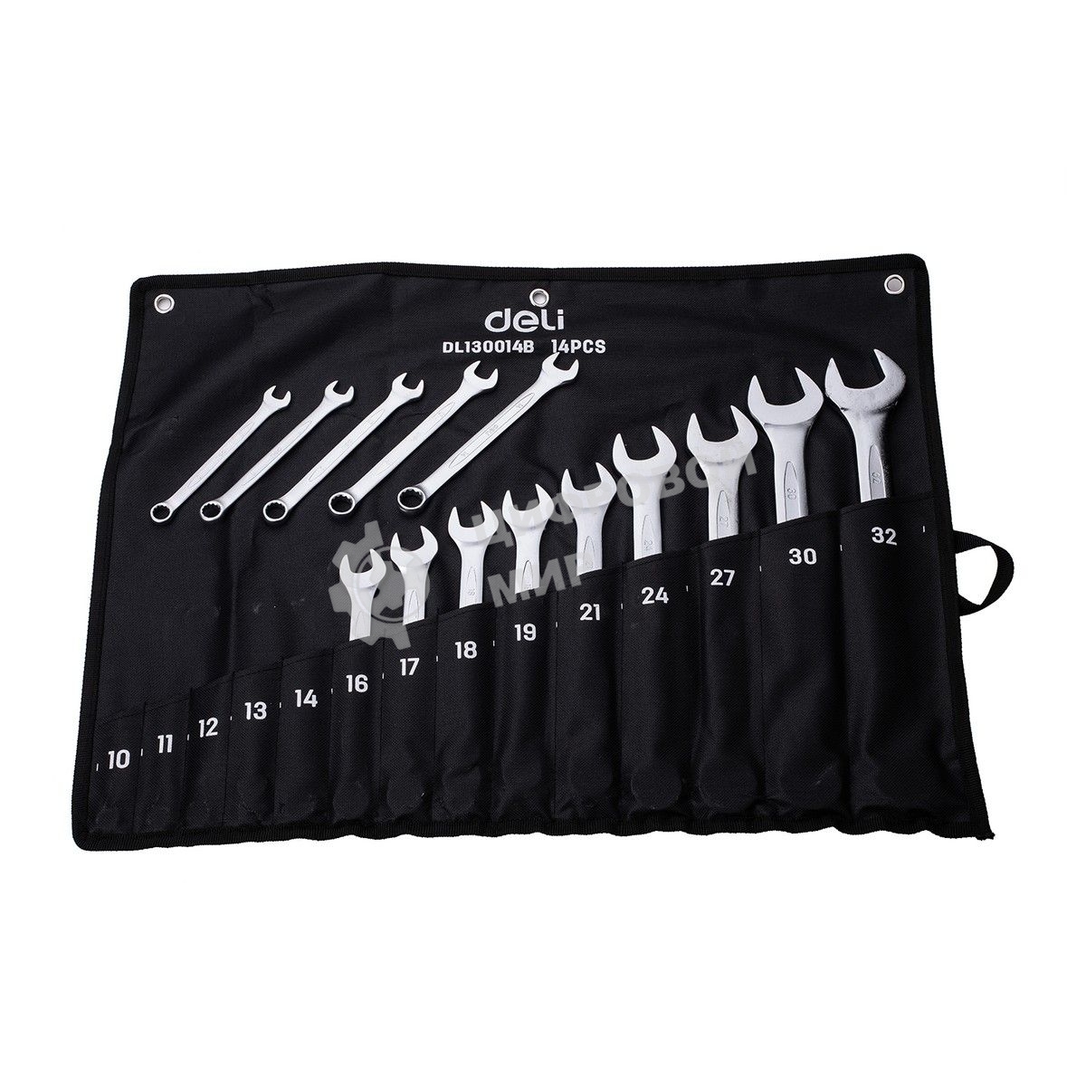 Набор комбинированных гаечных ключей 14 шт Deli DL130014B Спецификация: 10 мм, 11 мм, 12 мм, 13 мм, 14 мм, 16 мм, 17 мм, 18 мм, 19 мм, 21 мм, 24 мм, 27 мм, 30 мм, 32 мм. Матовая хромированная поверхность. Тканевая упаковка.