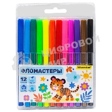 Фломастеры Silwerhof Веселые друзья 7.5мм 125мм, круглый корпус, вентилируемый колпачок, 12 цветов, пакет с европодвесом