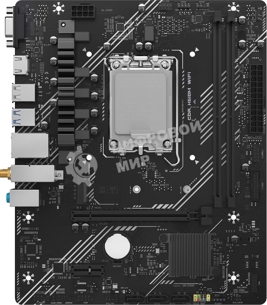 Материнская плата CBR H610M WiFi, LGA 1700, Intel H610, 2xDDR5, 3xSATA, 1xM.2, 1xPCIe 4.0 x16, 1xPCIe x1, 1xVGA, 1xHDMI, 1x1Gb LAN, Wi-Fi 6, Bluetooth 5.2, 2xUSB-A 5Gbps, 4xUSB-A 2.0, 3x3.5 мм, 7.1, mATX